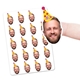 Sheet of personalised vinyl stickers featuring a smiling man's face wearing a colourful party hat with the number 40. One sticker is being peeled off by hand to show size and cut. Ideal for birthdays, hen and stag dos, and custom celebrations.
