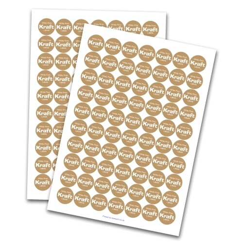 Two sheets of small round personalised Kraft labels with white print, each sheet containing multiple identical stickers. The custom brown labels have a striped texture with bold white text reading White Print Kraft Labels, ideal for bulk use in branding, packaging or crafts.