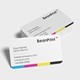 Stack of rounded business cards with front card displayed showing modern typography and colour strip detail.