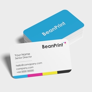 Stack of rounded business cards with blue back design and front card showing contact details