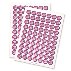 Two sheets of personalised 25mm round stickers featuring a custom logo design in pink and purple. Each sheet contains multiple labels, ideal for branding, packaging, or promotional use. Printed on high-quality adhesive paper.