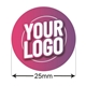 Custom circular label measuring 25mm in diameter with the text Your Logo in bold white letters on a pink and purple gradient background, shown with size annotation