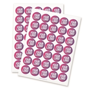 Two sheets of personalised 37mm round stickers featuring a custom logo design in pink and purple. Each sheet contains multiple labels, ideal for branding, packaging, or promotional use. Printed on high-quality adhesive paper.