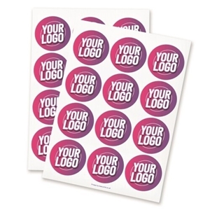 Two sheets of personalised 64mm round stickers featuring a custom logo design in pink and purple. Each sheet contains multiple labels, ideal for branding, packaging, or promotional use. Printed on high-quality adhesive paper.