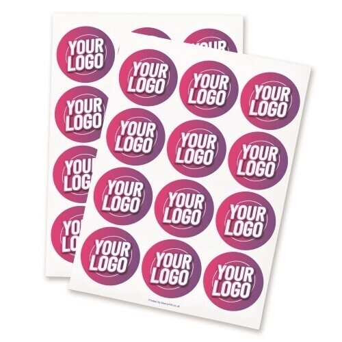 Two sheets of personalised 64mm round stickers featuring a custom logo design in pink and purple. Each sheet contains multiple labels, ideal for branding, packaging, or promotional use. Printed on high-quality adhesive paper.