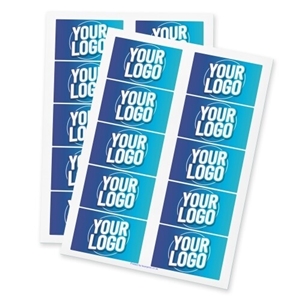 83mm x 53mm Personalised rectangular label with a blue gradient background and bold white Your Logo text, shown on a fingertip for scale. Two sheets of matching custom labels are displayed below, each containing multiple stickers, ideal for branding, packaging, or promotional use.