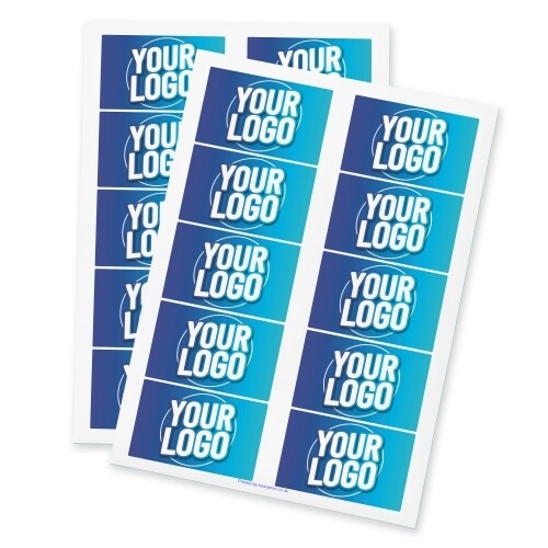 83mm x 53mm Personalised rectangular label with a blue gradient background and bold white Your Logo text, shown on a fingertip for scale. Two sheets of matching custom labels are displayed below, each containing multiple stickers, ideal for branding, packaging, or promotional use.
