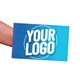 small rectangular custom label with a blue gradient background and bold white text reading Your Logo, placed on the tip of a finger for scale. The high-quality print showcases vibrant colours and sharp details, ideal for branding or product packaging.