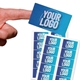 83mm x 53mm Personalised rectangular label with a blue gradient background and bold white Your Logo text, shown on a fingertip for scale. Two sheets of matching custom labels are displayed below, each containing multiple stickers, ideal for branding, packaging, or promotional use