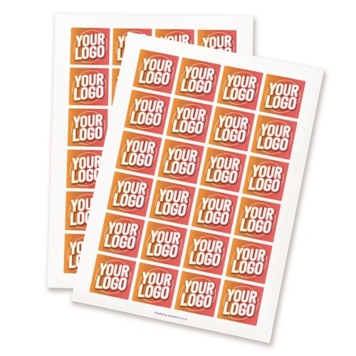 Two sheets of personalised square labels, each featuring a gradient background with placeholder text for a custom logo. Ideal for branding, packaging, or promotional use. High-quality adhesive labels suitable for various surfaces.