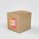 Small kraft cube box featuring a square custom sticker with bold text in pink, white, and yellow on a kraft background. Suitable for personalised branding and eco-friendly packaging