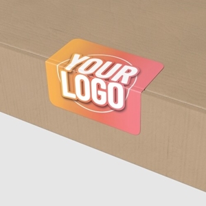 Brown kraft box with a square custom sticker on the lid, featuring bold text in pink, white, and yellow on a kraft background. Perfect for personalised packaging and branding solutions.