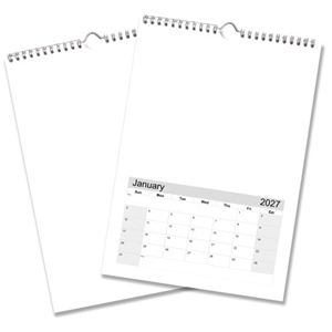Blank A3 2027 wall calendar shown open and closed, ready to personalise with drawings, paintings or photos.