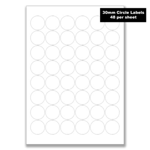 48 blank circle labels on a A4 sheet ready for printing