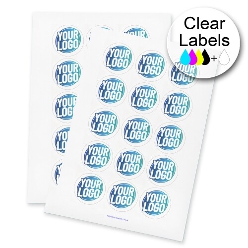 Two sheets of clear circle labels featuring a custom blue and white logo, arranged neatly for easy peeling and application. The labels are ideal for personalised branding or product packaging.