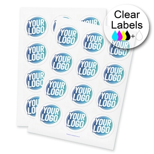 Two sheets of clear circle labels featuring a custom blue and white logo, arranged neatly for easy peeling and application. The labels are ideal for personalised branding or product packaging.