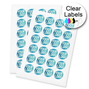 Two sheets of clear Square labels featuring a custom blue and white logo, arranged neatly for easy peeling and application. The labels are ideal for personalised branding or product packaging.