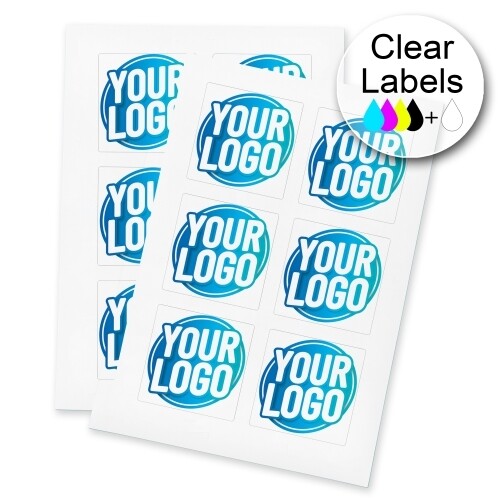 Two sheets of clear Square labels featuring a custom blue and white logo, arranged neatly for easy peeling and application. The labels are ideal for personalised branding or product packaging.