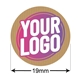 19mm kraft circle label sticker with a custom pink and white logo on a natural brown, textured background. Arrows indicate the diameter, making it ideal for personalised eco-friendly branding.