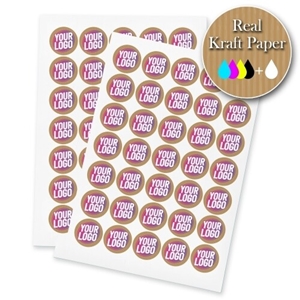 Two sheets of kraft circle label stickers with a custom pink and white logo, made from real kraft paper. The sheets display multiple eco-friendly labels, ideal for personalised branding or packaging.