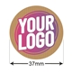 37mm kraft circle label sticker with a custom pink and white logo on a natural brown, textured background. Arrows indicate the diameter, making it ideal for personalised eco-friendly branding