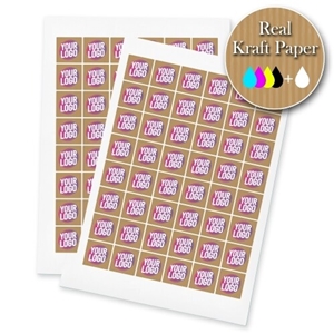 Two sheets of kraft Square label stickers with a custom pink and white logo, made from real kraft paper. The sheets display multiple eco-friendly labels, ideal for personalised branding or packaging.