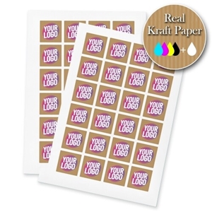 Two sheets of kraft Square label stickers with a custom pink and white logo, made from real kraft paper. The sheets display multiple eco-friendly labels, ideal for personalised branding or packaging.