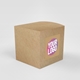 Small kraft cube box featuring a square custom sticker with bold text in pink, white, and yellow on a kraft background. Suitable for personalised branding and eco-friendly packaging