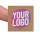 Kraft square label sticker with a custom purple and white logo, shown on a fingertip. The natural brown background of the label gives a rustic and eco-friendly appearance, ideal for personalised packaging