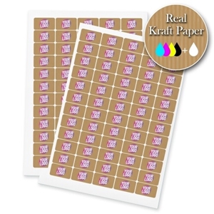 Two sheets of kraft rectangle label stickers with a custom pink and white logo, made from real kraft paper. The sheets display multiple eco-friendly labels, ideal for personalised branding or packaging.