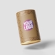 Cylindrical kraft paper packaging with geometric patterns and a personalised kraft label featuring the text Your Logo in bold pink and white. The container is tilted against a grey background, ideal for customised product branding