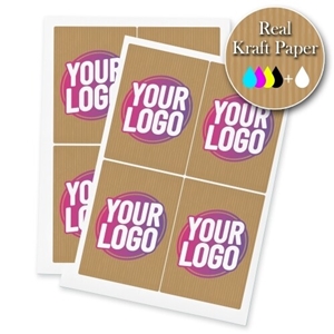 Sheets of rectangular kraft labels printed with a personalised design featuring the text Your Logo in bold pink and white on a brown kraft paper background. A badge in the corner highlights Real Kraft Paper with colour printing options.