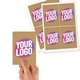 Hand holding a rectangular kraft label with a ribbed texture and a personalised design featuring the text Your Logo in bold pink and white. Behind it, sheets of similar kraft labels are displayed, showing a set of four per sheet.