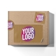 Brown cardboard box with personalised kraft labels featuring the text Your Logo in bold pink and white. Labels are displayed on the box's lid, side, and separately, showcasing their versatility for customised packaging.