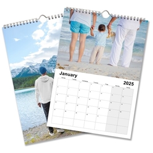 A 2025 A4 photo calendar showing January. One image features a family holding hands on a beach, and the other shows a person standing by a lake with mountains in the background. The calendar is spiral-bound with space for personalised images above each month.