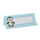 blank place cards on 250gsm card. cute penguin on a blue background with white polkadots