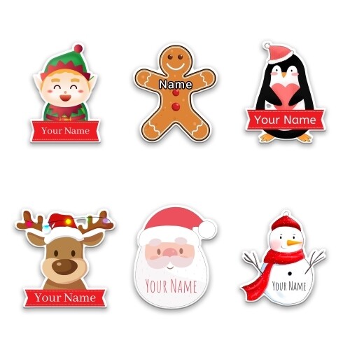 Set of six personalised Christmas gift stickers, featuring festive designs: an elf, gingerbread man, penguin, reindeer, Santa Claus, and snowman. Each design has space for custom names, displayed in a festive red banner or on the character itself.