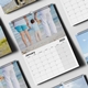 A January 2025 A3 photo calendar page featuring a family holding hands on a sandy beach. The photo shows two adults and a child standing at the water's edge, viewed from behind, with additional calendar pages partially visible.