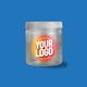 with-lid.jpg Transparent plastic jar with a white screw-on lid and a customised circular label featuring the text Your Logo in bold white letters on an orange and pink gradient background, placed against a solid blue backdrop.