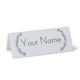 Personalised wedding place card with your name in elegant design on folded white cardstock. Minimalist design, set against a plain white background for a clean and sophisticated look.