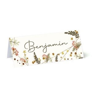 personalised place cards on 250gsm card with green eucalyptus red berries and gold glittery stars
