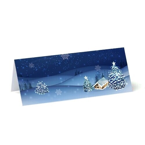 blank place cards on 250gsm card navy background with snow scene christmas trees and falling snow flakes