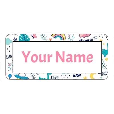 Design for Space Name Labels: aqua, blue, boarder, flowers, forget me not, heart, love, pattern, white