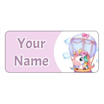 Design for Unicorns Name Labels: balloon, blue, cake, candle, green, happy birthday, orange, party, pink, pretty, stars, yellow